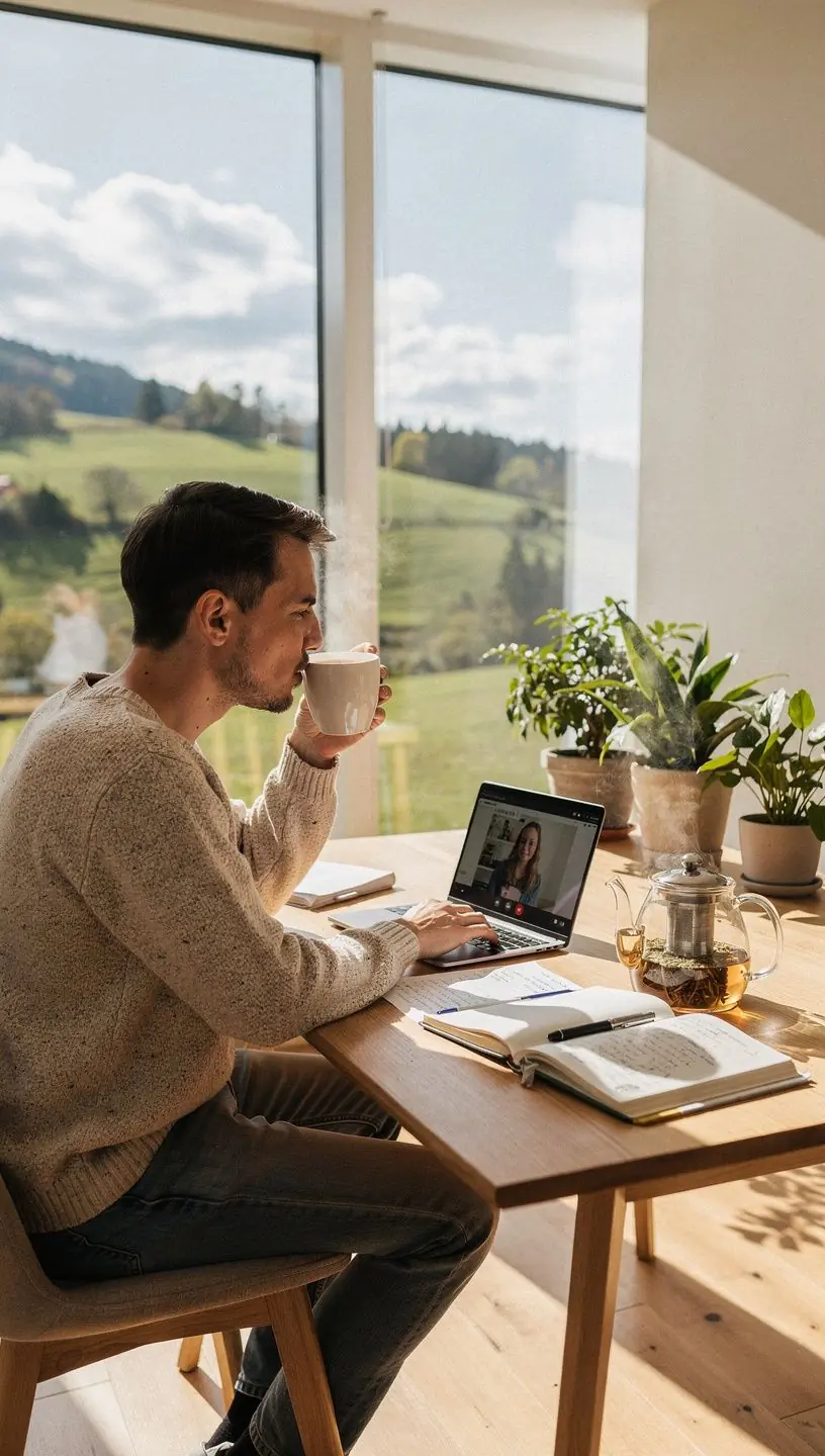 Osoba, ktorá si vychutnáva šálku bylinného čaju na terase s výhľadom na hory.
