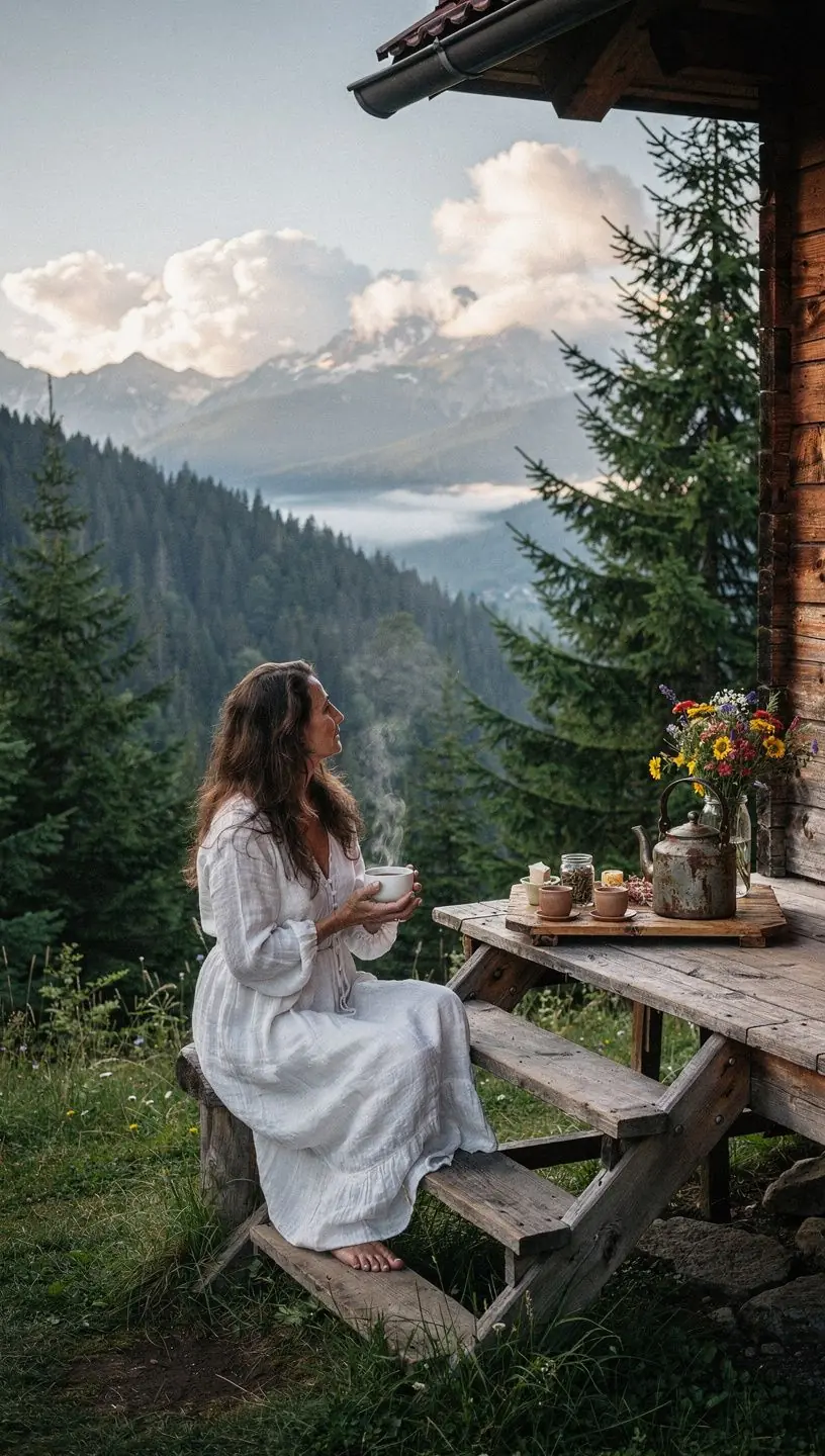 Šálka bylinkového čaju na stoloch s prírodou v pozadí, evokujúca pokoj a harmóniu.