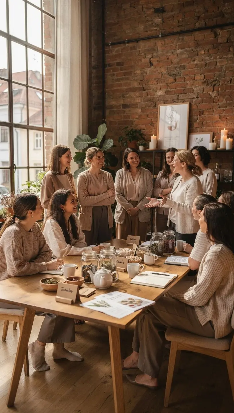 Kvetinová kompozícia vedľa šálky čaju a knihy na relaxačnom stole.