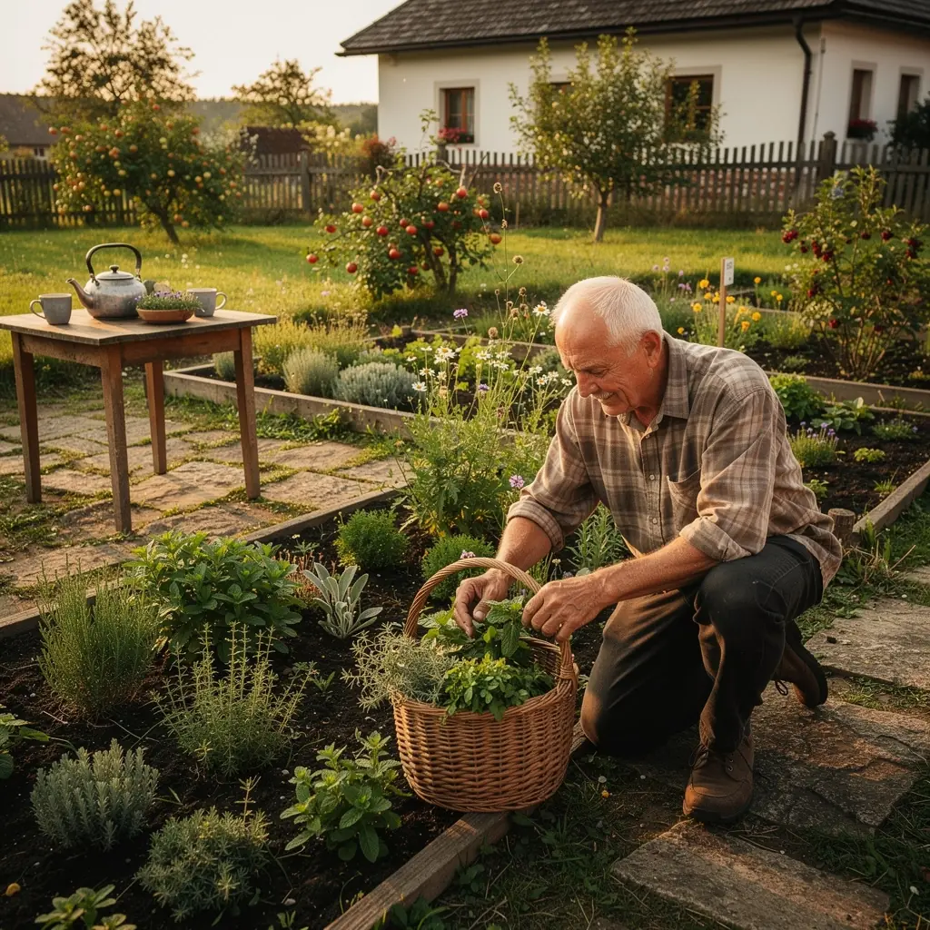 Človek si vychutnáva šálku čaju na terase s výhľadom na prírodu.